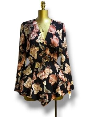 Bobbi Rocco Earthy Floral Shorts Romper Playsuit S Wide Leg Long Sleeve